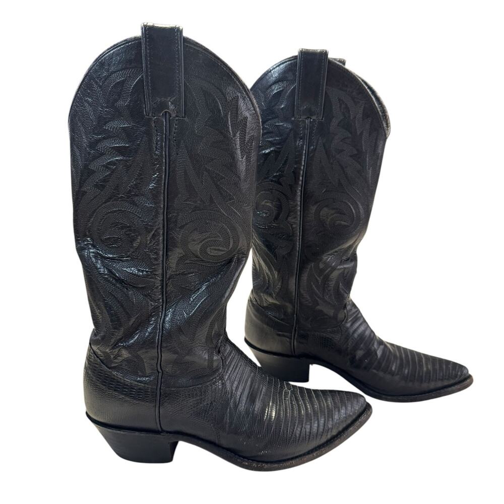 VTG 90s Justin Women Block Heel Cowboy Boots Black Lizard Leather 6B Western EUC
